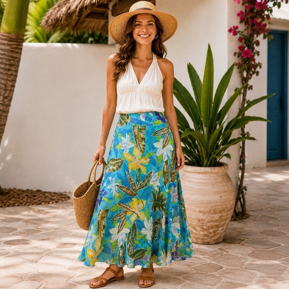 Laura Ashley‎ Size 10 Silk Tropical Floral Sequin Maxi Skirt Resort VTG